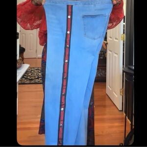 Trendy Blue Flare Jeans with Red Stripe